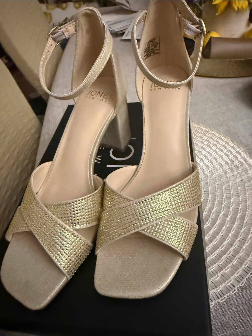 Jones New York Gold Crisscross Block Heel Sandals with Ankle Strap